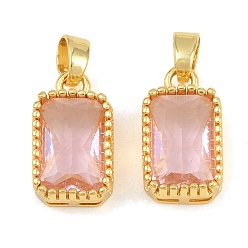Pink Brass & Glass Pendants, Faceted Rectangle Charm, Long-Lasting Plated, Rack Plating, Cadmium Free & Lead Free, Golden, Pink, 17x10x6mm, Hole: 6x3.5mm