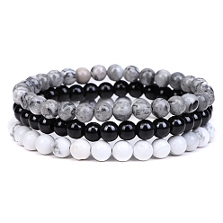 Map Stone 3Pcs 3 Style Natural Map Stone & Black Agate & Howlite Round Beaded Stretch Bracelets Set, Gemstone Stackable Bracelets for Woman, Wide: 6mm, 7-1/4~7-1/2 inch(18.5~19cm), 1Pc/style