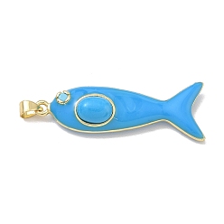 Deep Sky Blue Ocean Dyed Synthetic Turquoise Pendants, Brass Enamel Fish Charms, Real 18K Gold Plated, Long-Lasting Plated, Rack Plating, Lead Free & Cadmium Free, Deep Sky Blue, 44x15x8.5mm, Hole: 5x3mm