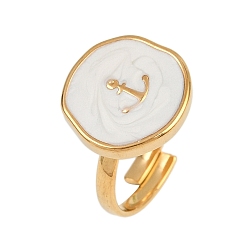 Белый 304 эмалированные открытые манжеты из нержавеющей стали для женщин, ионное покрытие (ip), золотые, плоские круглые с якорем, белые, внутренний диаметр: 17.2 мм, плоско-круглые: 15x15 mm