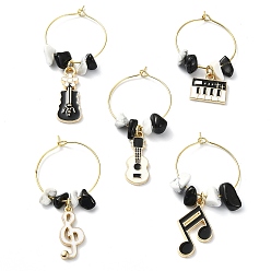 Mixed Shapes Music Theme Alloy Wine Glass Charms, Synthetic White Howlite Chip with Natural Obsidian Chip, Mixed Shapes, 48~55mm