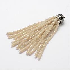 Old Lace Electroplate Glass Bead Tassel Big Pendants, with Brass Rhinestone Findings, Old Lace, 76x10.8mm, Hole: 2.5mm