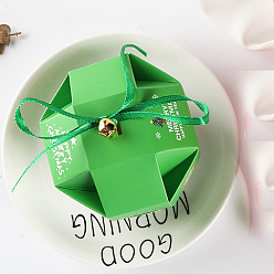 Green 10Pcs Polygon Paper Bakery Boxes, with Bell and Ribbon, Christmas Theme Gift Box, for Mini Cake, Cupcake, Cookie Packing, Green, 100x100mm