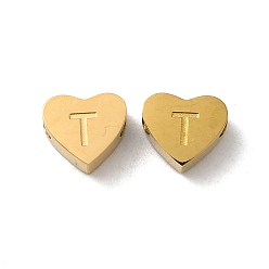 Letter T Ionenbeschichtung (IP) 304 Edelstahlperlen, golden, Herz mit Brief, Buchstaben t, 5.5x6.5x3 mm, Bohrung: 1.6 mm