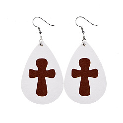 Cross Imitation Leather Teardrop Dangle Earrings for Easter, Cross Pattern, 10mm
