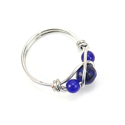 Lapis Lazuli Natural Lapis Lazuli Round Braided Bead Style Finger Ring, Platinum Brass Wire Wrap Ring, Inner Diameter: 18mm
