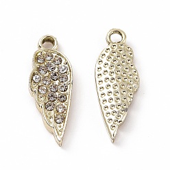 Light Gold Alloy Pendants, with Crystal Rhinestone, Wing Charm, Light Gold, 20x7x2.5mm, Hole: 1.8mm