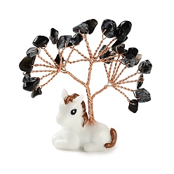 Снежный Обсидиан Елка из натуральной снежинки и обсидиана, Подставка для лошади из смолы с медной проволокой, подарок в стиле фэн-шуй для украшения рабочего стола дома или в офисе, 67~73x19.5~20x68~73 мм