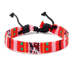 Red Cloth Rope Braided Flat Cord Bracelet, Ethnic Tribal Adjustable Bohemia Bracelet, Red, 7-1/8 inch(18cm)