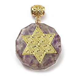 Amethyst Natural Amethyst European Dangle Polygon Charms, Large Hole Pendant with Golden Plated Alloy Star Slice, 53mm, Hole: 5mm, Pendant: 39x35x11mm