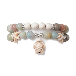 Mixed Stone 2Pcs 2 Styles Natural & Synthetic Mixed Stone Stretch Bracelets Set, Stackable Bracelets with Turtle Charms, Inner Diameter: 2-1/2 inch(6.2cm), 1Pc/style