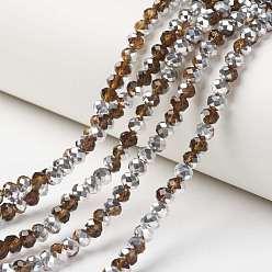 Sienna Electroplate Transparent Glass Beads Strands, Half Silver Plated, Faceted, Rondelle, Sienna, 6x5mm, Hole: 1mm, about 85~88pcs/strand, 16.1~16.5 inch(41~42cm)
