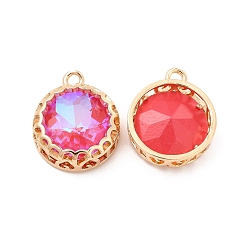 Indian Pink K9 Glass Pendants, with Light Gold Brass Finding, Flat Round Charms, Indian Pink, 18x14.5x5.5mm, Hole: 1.6mm