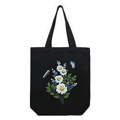 Ghost White DIY Bouquet Pattern Black Canvas Tote Bag Embroidery Kit, including Embroidery Needles & Thread, Cotton Fabric, Plastic Embroidery Hoop, Ghost White, 390x340mm