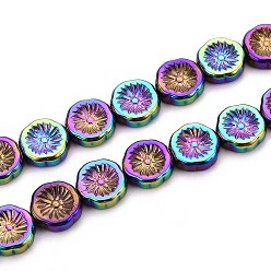 Разноцветный Полугальванизированная краска для запекания стеклянные бусины нити, плоский круглый с цветком, с покрытием AB цвета, красочный, 12x4 мм, отверстие : 1 мм, около 50 шт / нитка, 23.62'' (60 см)