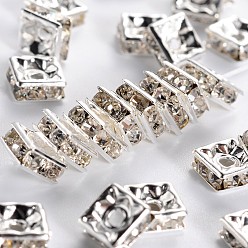 Silver Brass Rhinestone Spacer Beads, Grade A, Square, Nickel Free, White, Silver Color Plated, Size: about 6x6x3mm, hole: 1mm