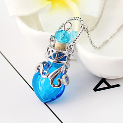 Deep Sky Blue Lampwork Perfume Bottle Pendant Necklace, Platinum Titanium Steel Jewelry for Women, Deep Sky Blue, 17.72 inch(45cm)