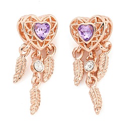 Розовое Золото Стойки с покрытием из сплава, паве, фиолетовые стразы, сердце с перьями, европейские подвески с подвесками, Подвески с большими отверстиями, без кадмия, без никеля и без свинца, розовое золото , 32.5x11.5x10.5 мм, отверстие : 4.7 мм