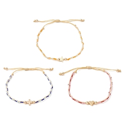 Mixed Shapes Star Cross Heart Adjustable Braided Bracelet Sets, Brass & Glass & TOHO Round Seed Beaded Bracelets, for Women, Mixed Shapes, Inner Diameter: 1-3/4~3 inch(4.6~7.5cm), 1pc/style, 3style, 3pcs/set