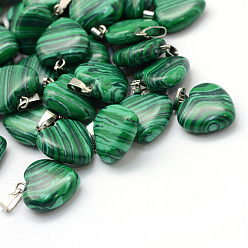 Malachite Heart Dyed Synthetic Malachite Pendants, with Platinum Tone Brass Findings, 17~19x15~16x5~8mm, Hole: 2x7mm