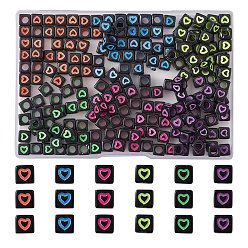 Black 210Pcs 6 Colors Opaque White Acrylic European Beads, Large Hole Beads, Cube with Heart, Black, 7x7x7mm, Hole: 4mm, 35pcs/color