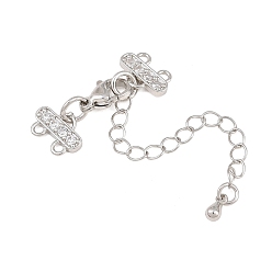 Platinum Brass Micro Pave Clear Cubic Zirconia Chain Extender, Necklace Layering Clasps, with Lobster Claw Clasps & 2 Loops, Rack Plating, Lead Free & Cadmium Free, Long-Lasting Plated, Platinum, 30mm, end: 8x11x1.5mm