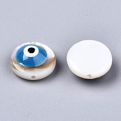 Dodger Blue Natural Freshwater Shell Beads, with Enamel, Flat Round with Evil Eye, Dodger Blue, 9x4.5mm, Hole: 0.8mm