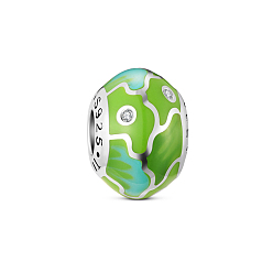 Yellow Green TINYSAND Rhodium Plated 925 Sterling Silver Amazing Landscape Enamel Charm European Bead, with Cubic Zirconia, Yellow Green, 13.23x9.47mm, Hole: 4.38mm