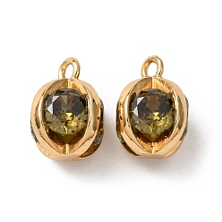 Темный Хаки Латунные микро проложить кубического циркония прелести, реальный 18 k позолоченный, круглые подвески, Темный хаки, 11x9.5 мм, отверстие : 1.5 мм
