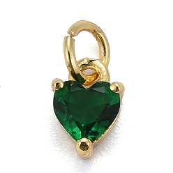 Green Brass Micro Pave Cubic Zirconia Charms, Long-Lasting Plated, Real 18K Gold Plated, Heart, Green, 8x5x3.5mm, Hole: 3mm