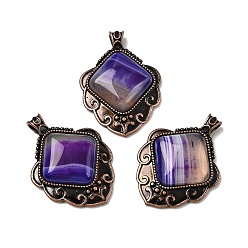 Полосатый Агат Подвески в форме ромба из натурального фиолетового полосатого агата (окрашенного и подвергнутого термической обработке)., с винтажной латунной рамкой красного медного оттенка, 40~40.5x29~29.5x7.5 мм, отверстие : 5x3.5 мм