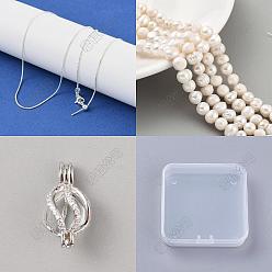 Платиновый & Серебристый Наборы для изготовления цепочек из латуни своими руками, включая натуральные культивированные пресноводные жемчужные бусины, 925 стерлингов серебряные подвески горный хрусталь, Платина и серебро, 18.50 дюйм (470 мм), Кулон : 5x3.5x3.8 мм, штифты : 12.5x0.7 мм