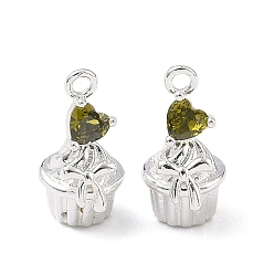 Цвет Оливы Латунный кекс с инкрустацией кубическим цирконием и подвесками в виде сердечек., 925 серебро покрытием, оливковый, 15x8.5x9 мм, отверстие : 1.5~1.6 мм