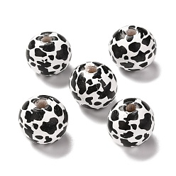 Black Printed Wood European Beads, Large Hole Beads, Round with Cow Grain Pattern, Dyed, Black, 16x15mm, Hole: 4mm