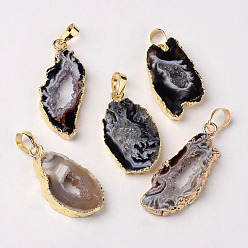 Natural Agate Mixed Golden Tone Brass Natural Druzy Agate Pendants, Nuggets, 20~46x10~24x5mm, Hole: 2~7x5mm