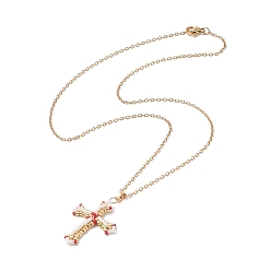 Red Japanese Seed Beaded Cross Pendant Necklace, Golden 304 Stainless Steel Jewelry for Women, Red, 17.60 inch(44.7cm)