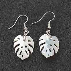 White Shell Natural White Shell Dangle Earrings, with Platinum Plated Brass Earring Hooks, Tropical Leaf, 40.5mm, Pin: 0.6mm