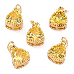 Yellow Real 18K Gold Plated Brass Inlaid Cubic Zirconia Charms, with Jump Ring, Long-Lasting Plated, Triangle, Yellow, 9.5x7x4mm, Jump Ring: 4x0.5mm, 2.5mm Inner Diameter
