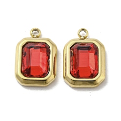 Red Real 14K Gold Plated 304 Stainless Steel Pendants, with Glass, Rectangle Charms, Red, 13.5x9x4mm, Hole: 1.4mm