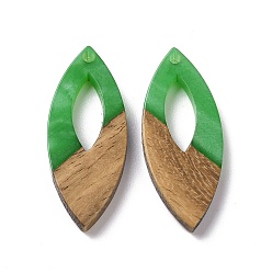 Green Opaque Resin & Walnut Wood Pendants, Horse Eye Charms, Green, 38x15.5x3.5mm, Hole: 2mm