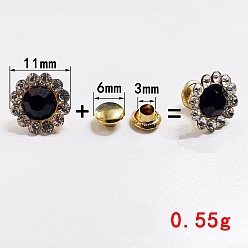 Black Alloy Flower Cap Rivets Studs, with Rhinestone, for Clothes Bag Shoes Leather Craft, Black, 11x8.5mm