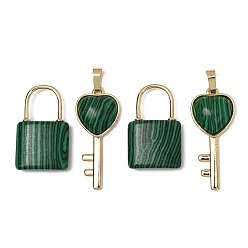 Malachite Synthetic Malachite Stone Glass Beaded Pendants, Lock and Key Charms, with Golden Brass Findings, 31.5~32.5x20~20.5x7.5mm, Hole: 11x12mm