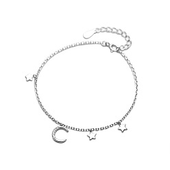 Silver Sterling Silver Star & Moon Charm Bracelet with Cable Chains for Women, Silver, 6-1/4 inch(16cm)