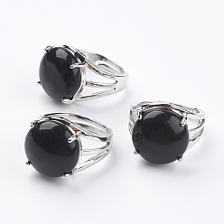 Black Agate Adjustable Natural Black Agate Finger Rings, with Brass Findings, US Size 7 1/4(17.5mm)