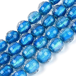 Deep Sky Blue Resin Beads Strands, Bead in Bead, with Glass & Glitter Powder Inside, Round, Faceted(96 Facets), Deep Sky Blue, 9~10mm, Hole: 0.7mm, about 49~51pcs/strand, 18.50~19.29 inch(47~49cm)