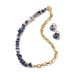 Sodalite Natural Sodalite Chip Beads Jewelry Set, Gemstone Beaded Necklace and Drop Huggie Hoop Earrings for Women, Light Gold, 16.73 inch(42.5cm), 20mm, Pin: 1mm