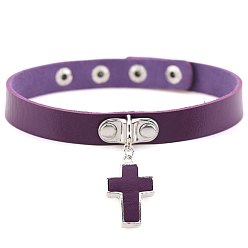 Purple PU Leather Adjustable Choker Necklace, Alloy Cross Pendant Necklace with Stainless Steel Snap Buttons for Women, Purple, 15.75 inch(40cm)