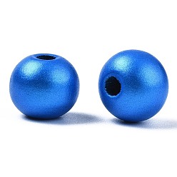Dodger Blue Painted Natural Wood Beads, Pearlized, Round, Dodger Blue, 10x8.5mm, Hole: 3mm