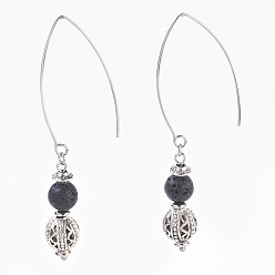 Lava Rock Natural Lava Rock Beads Dangle Earrings, with Alloy Findings and 304 Stainless Steel Earring Hooks, Round, Stainless Steel Color & Antique Silver, 72mm, Pendant: 32x8mm, Pin: 0.7mm