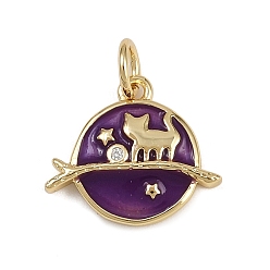 Фиолетовый Подвески в форме планеты и кошки из латуни и эмали, с целью перехода в кольце, стойки покрытие, без кадмия и без свинца, долговечный, реальный 18 k позолоченный, фиолетовые, 12.5x14.5x2.5 мм, отверстие : 3.2 мм